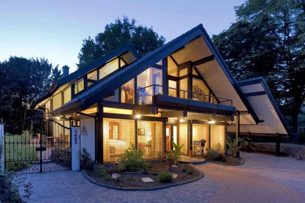 A large pitched-roof home with full-height glazing, lit from within at dusk.